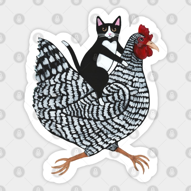 Tuxedo Cat on a Chicken Sticker by KilkennyCat Art